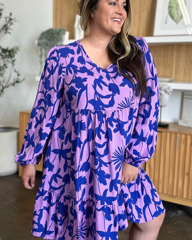 Double Take Full Size Printed Ruffle Hem Dress with Pocket