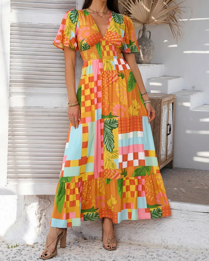 Devine Smocked Printed V-Neck Short Sleeve Maxi Dress
