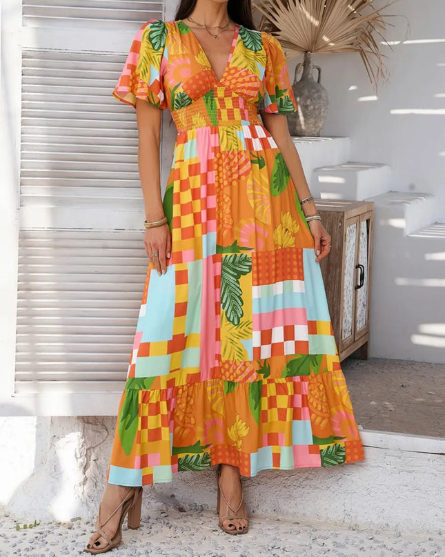 Devine Smocked Printed V-Neck Short Sleeve Maxi Dress