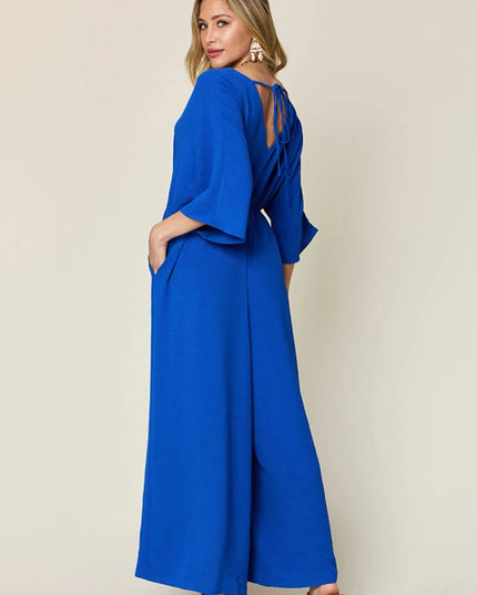 Double Take Full Size Surplice Wide Leg Jumpsuit with Pockets