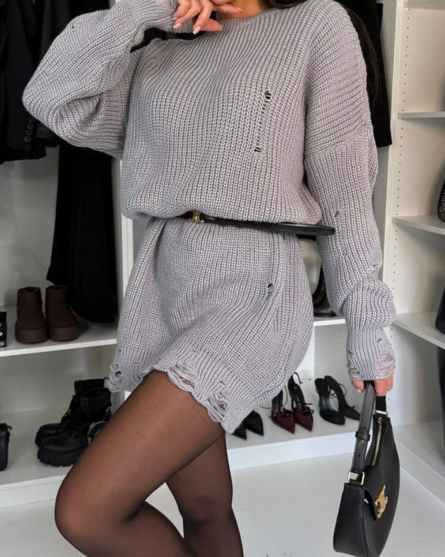 Distressed Round Neck Drop Shoulder Sweater Dress