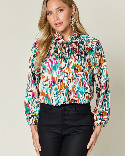Double Take Full Size Printed Button Up Long Sleeve Shirt Teal