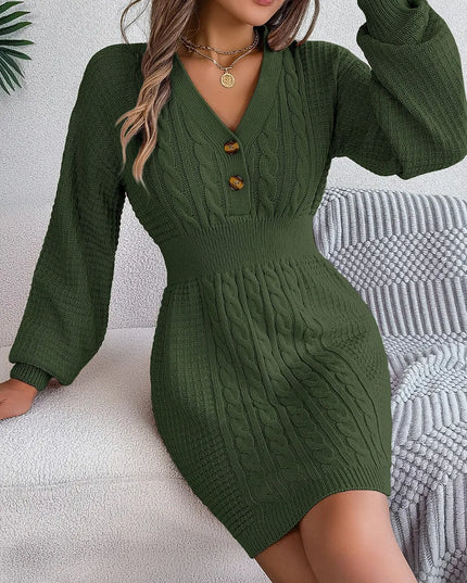 Buttoned Cable-Knit V-Neck Sweater Dress