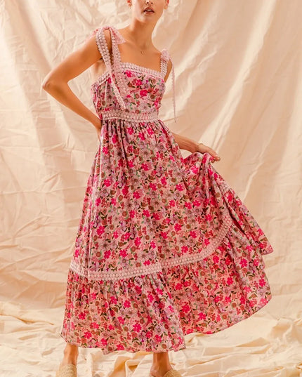 SO ME Floral Maxi Dress With Ribbon Tie Lace Strap