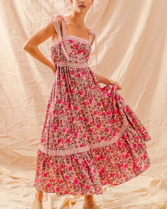SO ME Floral Maxi Dress With Ribbon Tie Lace Strap