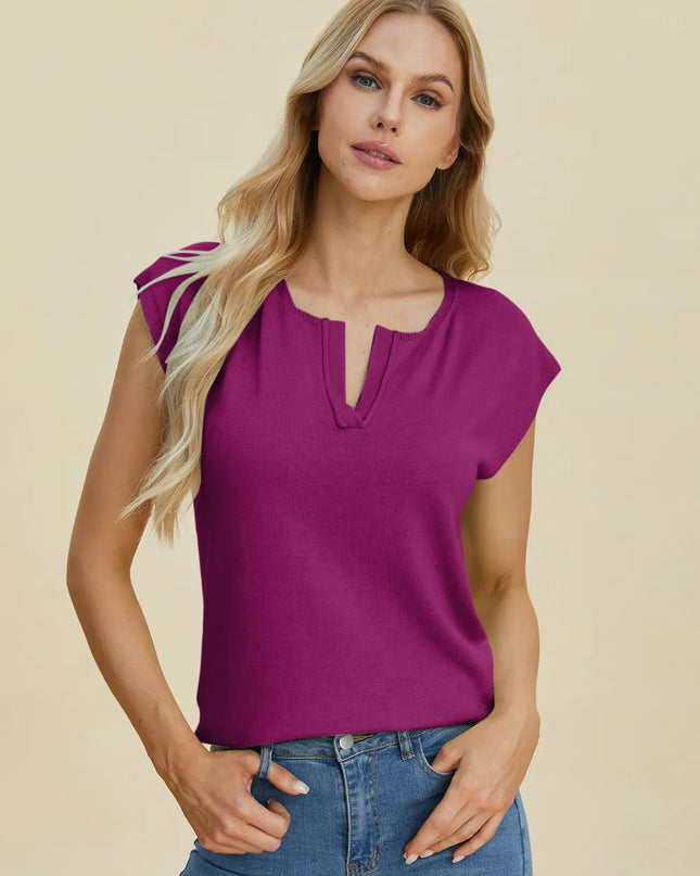 Double Take Full Size Notched Cap Sleeve Knit Top Deep Purple