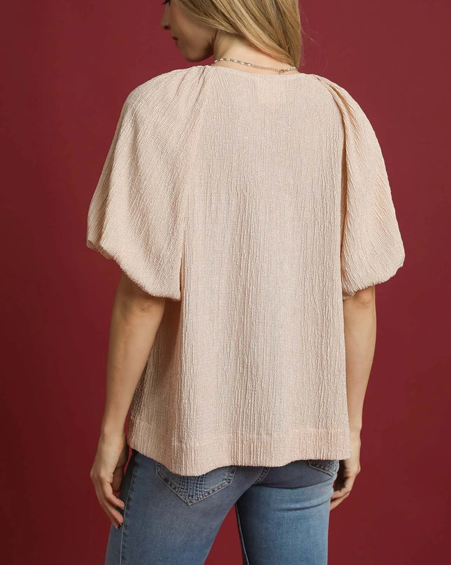 Umgee Texture Puff Sleeve Notched Blouse