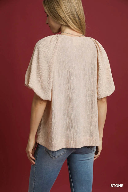 Umgee Texture Puff Sleeve Notched Blouse