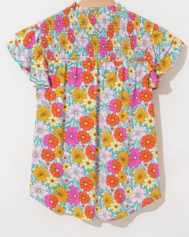 Floral Print Shirred Tiered Ruffled Sleeve Blouse