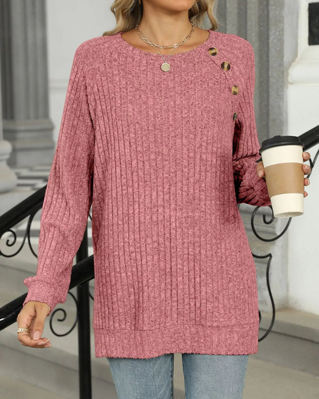Ribbed Round Neck Long Sleeve T-Shirt