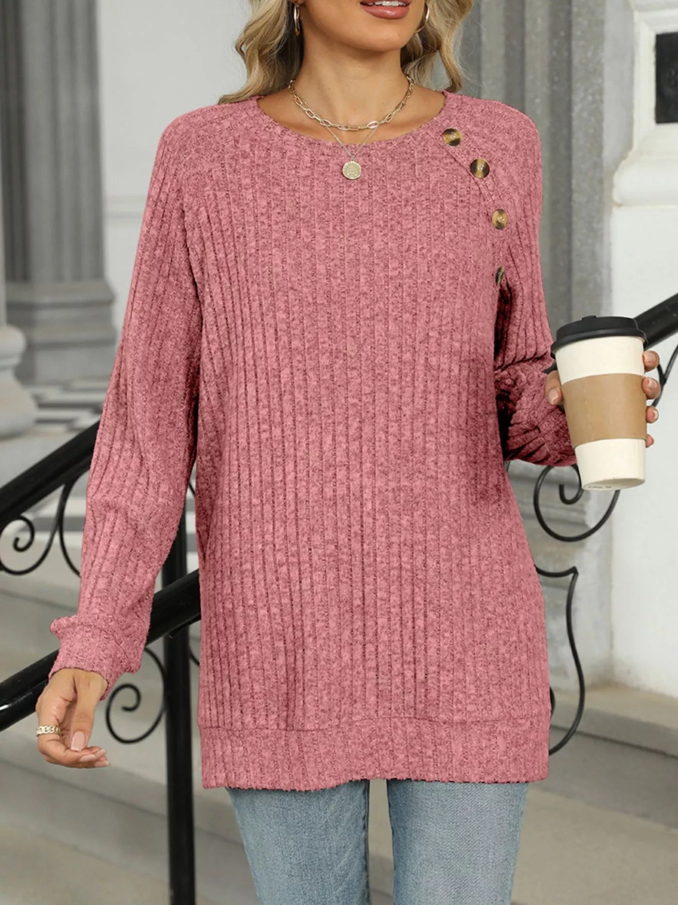 Ribbed Round Neck Long Sleeve T-Shirt