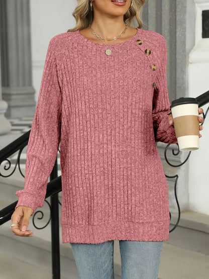 Ribbed Round Neck Long Sleeve T-Shirt
