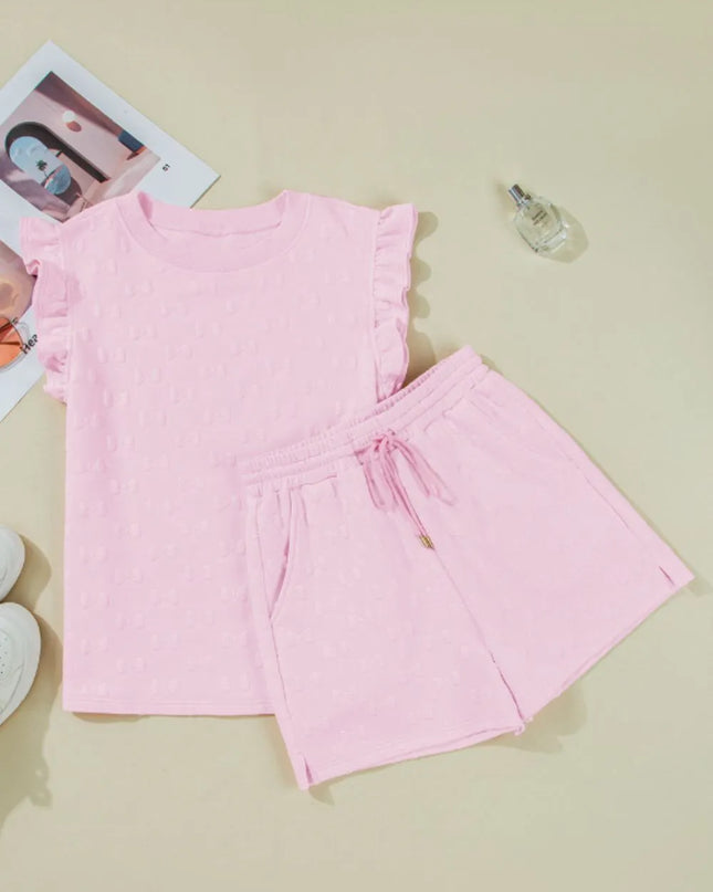 Bow Jacquard Ruffle Cap Sleeve Top and Shorts Set