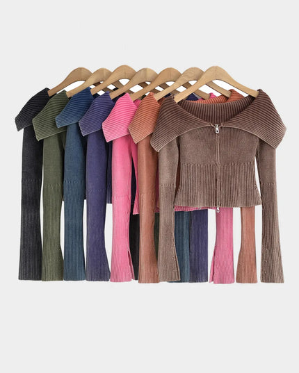 Double Take Ribbed Off-Shoulder Zip Up Long Sleeve Cardigan Black M