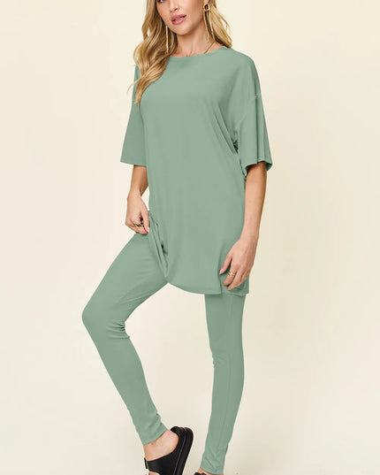 Double Take Full Size Round Neck Dropped Shoulder T-Shirt and Leggings Set