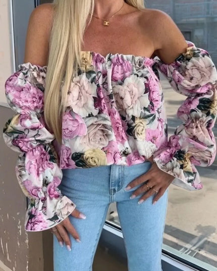 Printed Off-Shoulder Flounce Sleeve Blouse