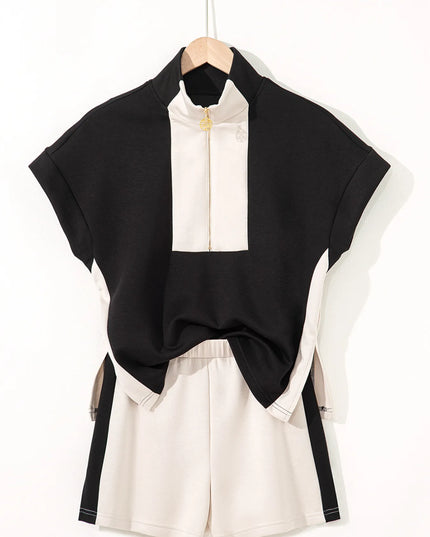 Color Block Half Zip Top and Shorts Two-Piece Set 