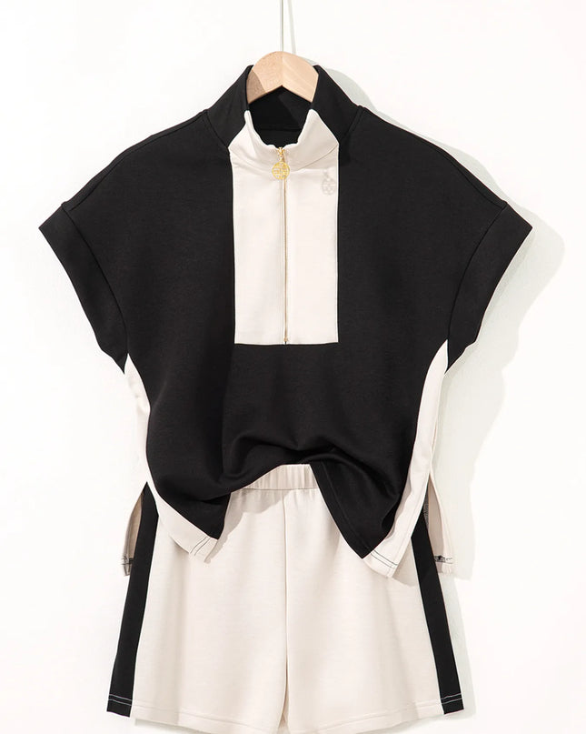 Color Block Half Zip Top and Shorts Two-Piece Set 