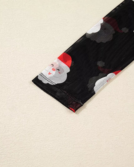 Christmas Santa Print Mesh Long Sleeve Top
