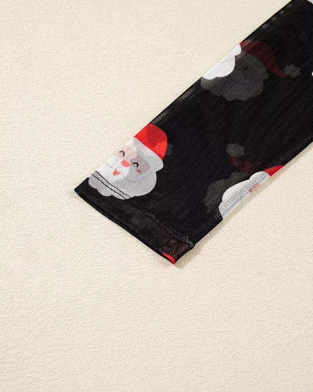 Christmas Santa Print Mesh Long Sleeve Top