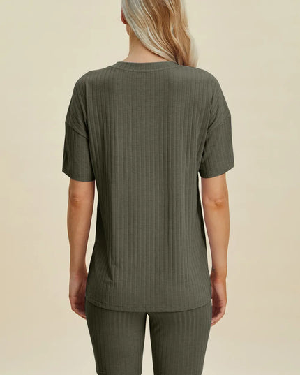 Basic Bae Full Size Ribbed V-Neck Short Sleeve Top and Shorts Set