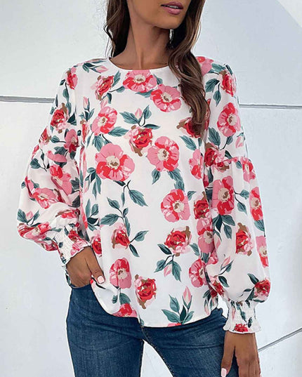 Perfee Floral Long Puff Sleeve Round Neck Blouse