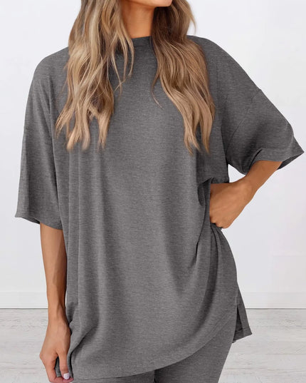 Full Size Oversized Slit Round Neck Top and Shorts Lounge Set Plus Size 