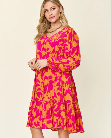 Double Take Full Size Printed Ruffle Hem Dress with Pocket