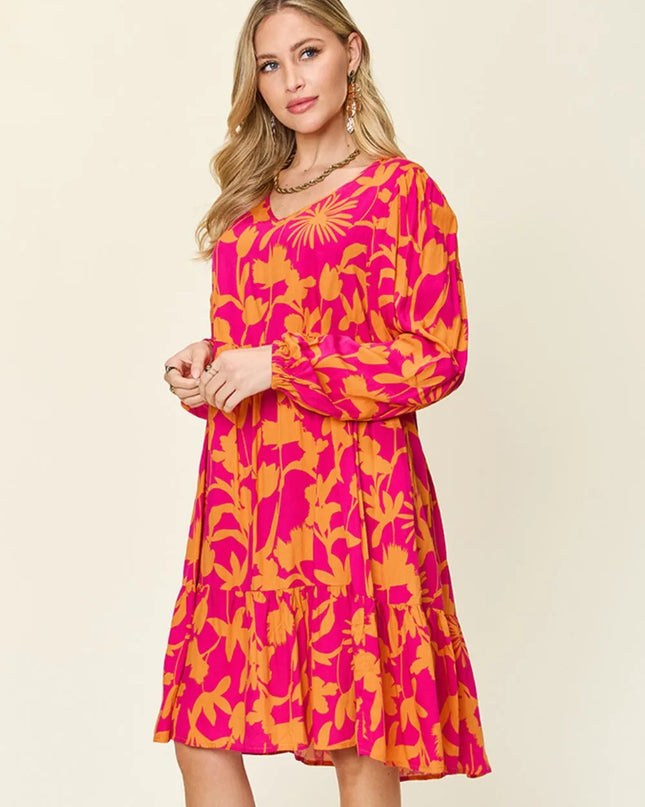 Double Take Full Size Printed Ruffle Hem Dress with Pocket