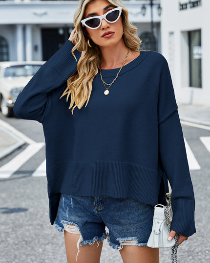 Round Neck Dropped Shoulder Slit Sweater