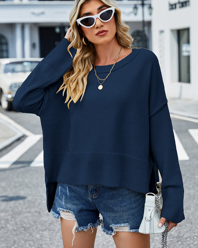Round Neck Dropped Shoulder Slit Sweater