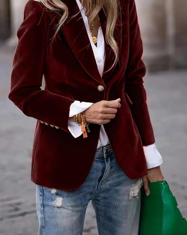 One Button Lapel Collar Long Sleeve Blazer Burgundy