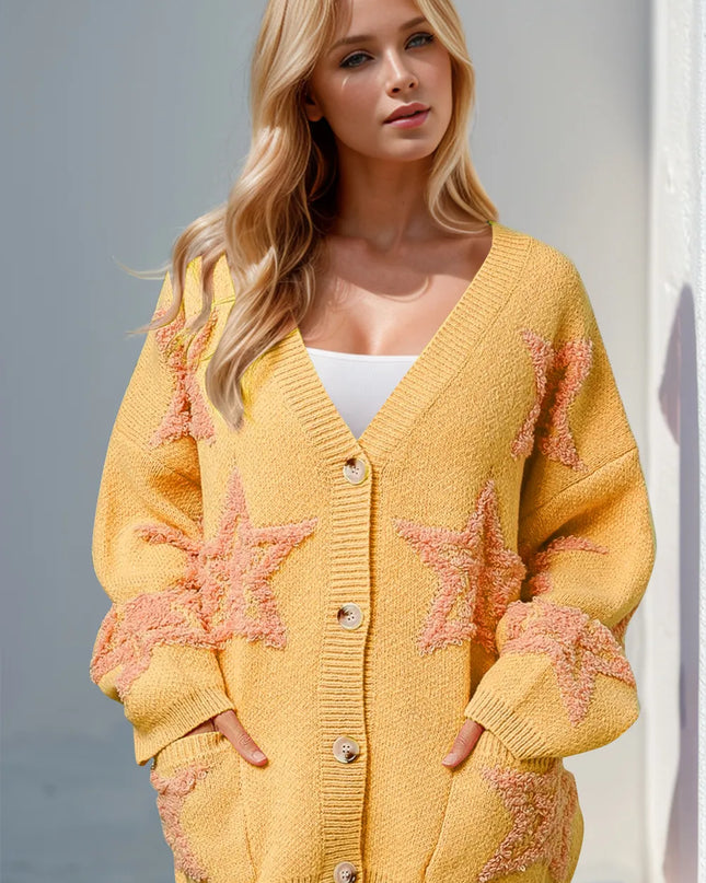 Double Take Full Size Button Up Star Pattern Cardigan Yellow