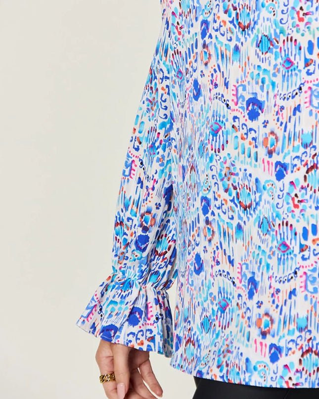 Double Take Full Size Printed Flounce Sleeve Blouse