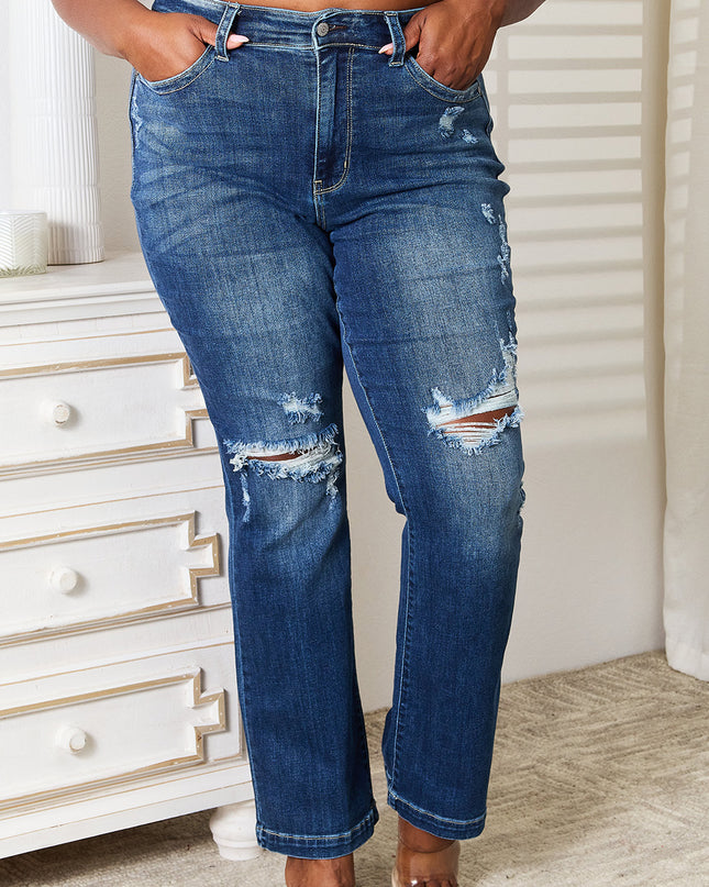Judy Blue Full Size Mid Rise Hand Sand & Destroy Bootcut Jeans Dark