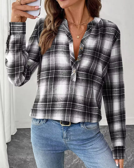 Plaid Half Button Long Sleeve Blouse Black