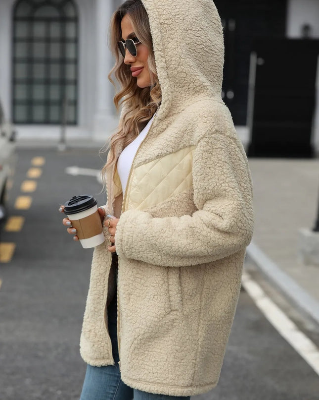 Fuzzy Zip Up Long Sleeve Hooded Jacket
