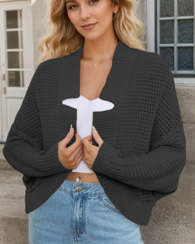 Openwork Open Front Long Sleeve Cardigan Black