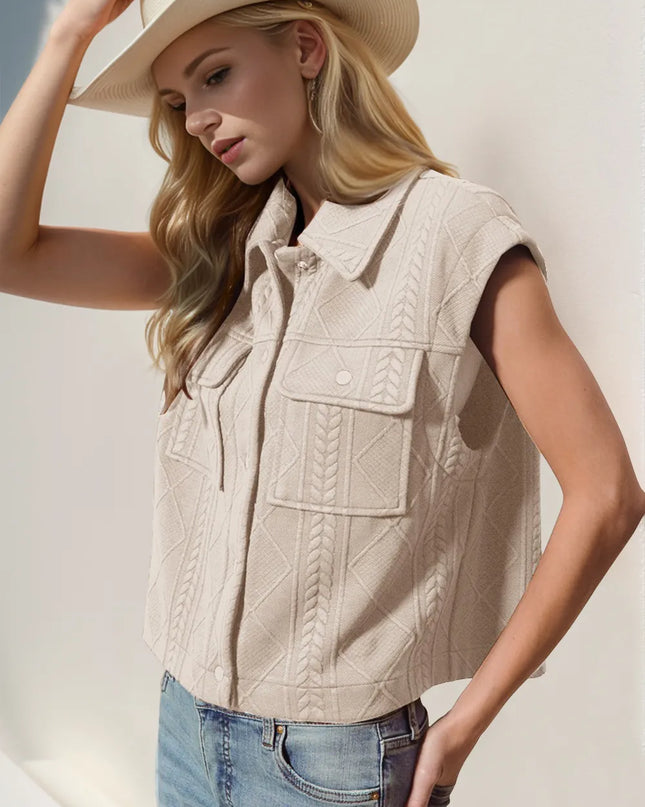 Double Take Snap Down Texture Crop Vest Dust Storm