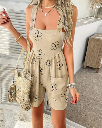 Devine Flower Wide Strap Overalls with Pockets
