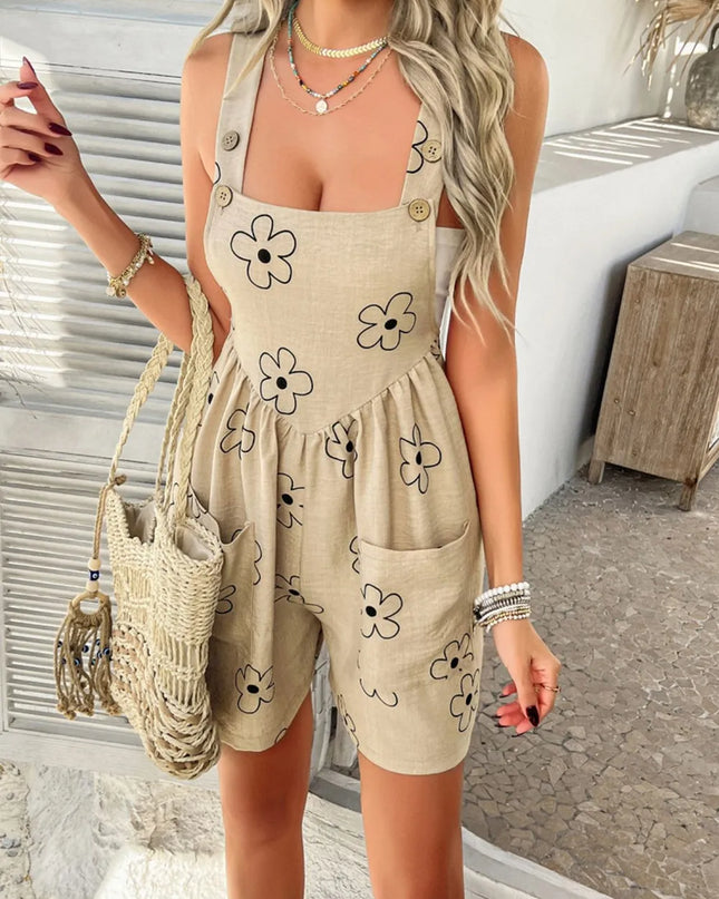 Devine Flower Wide Strap Overalls with Pockets