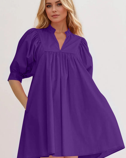 Oh Frill Notched Puff Sleeve Babydoll Mini Dress Purple