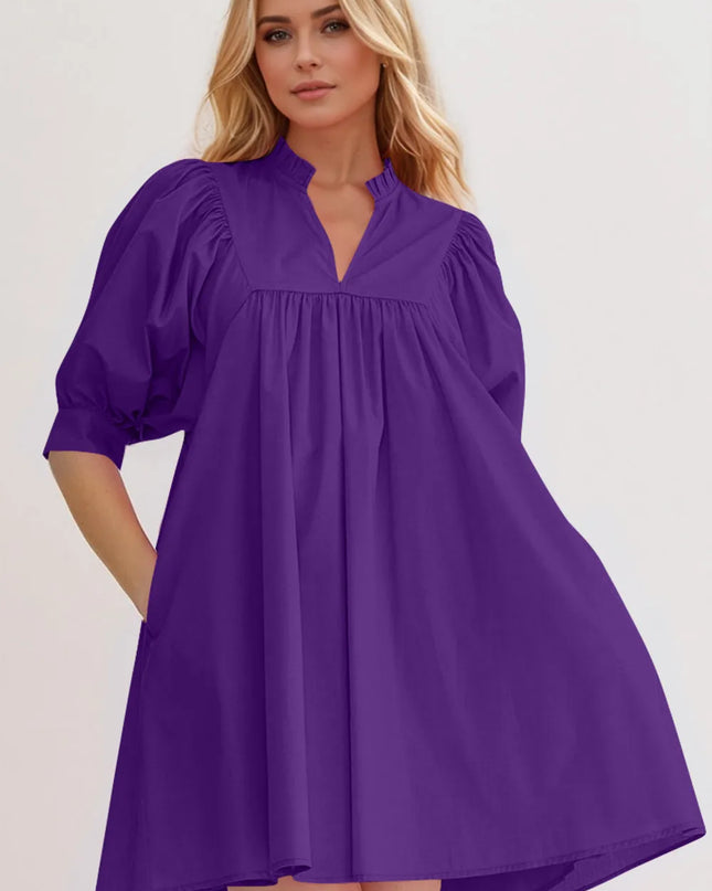Oh Frill Notched Puff Sleeve Babydoll Mini Dress Purple