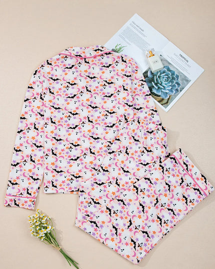 Halloween Ghost Print Button Up Top and Pants Lounge Set