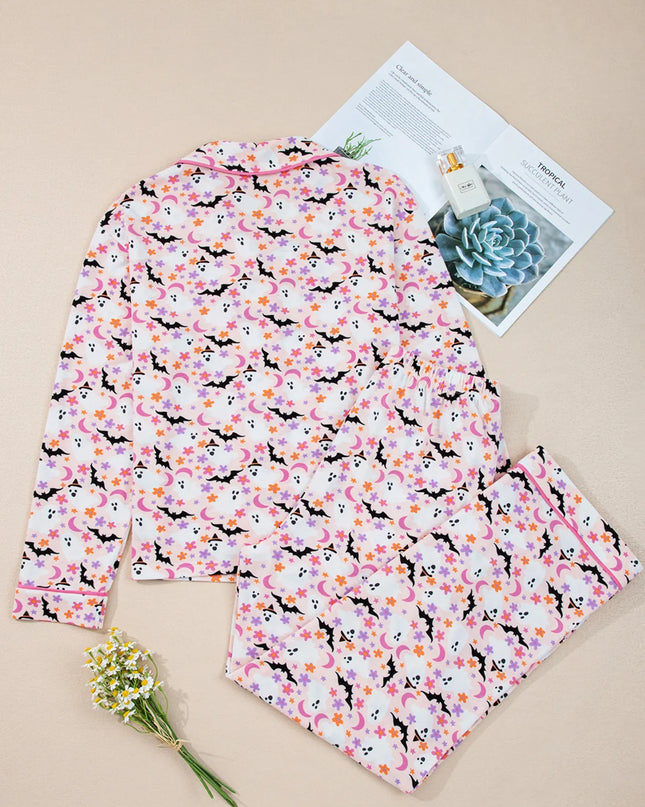 Halloween Ghost Print Button Up Top and Pants Lounge Set