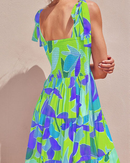 Floral Tie-Shoulder Smocked Midi Dress