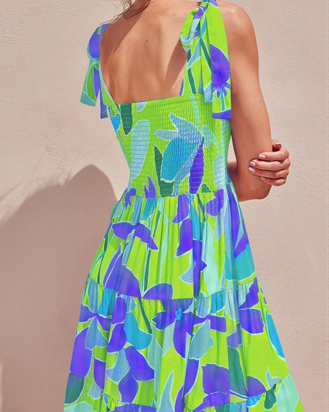 Floral Tie-Shoulder Smocked Midi Dress