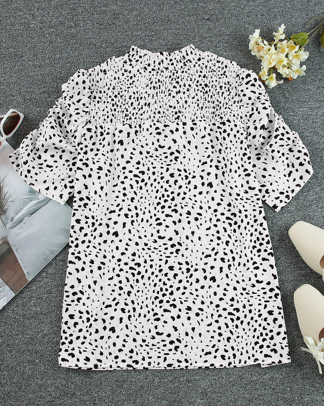 Printed Smocked Mock Neck Blouse