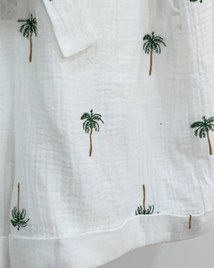 Palm Tree Print Short Sleeve Button-Up Romper with Belt