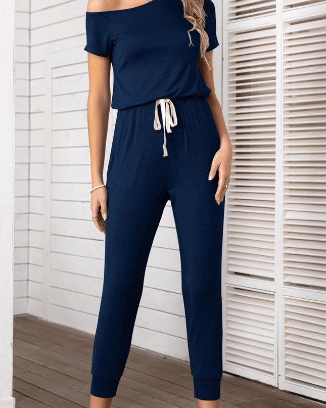 Asymmetrical Neck Short Sleeve Jumpsuit Dark Blue
